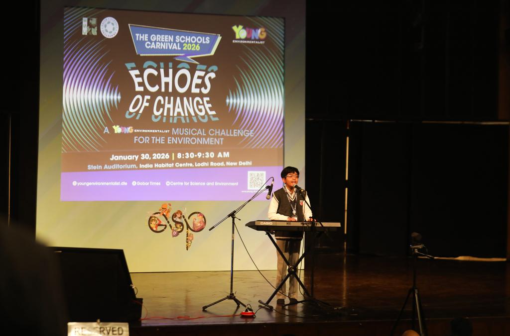 Aditya Raj Gogna of Prudence School delivers a great performance inspired by the Gobar Times cover &lsquo;Bal Panchayat Kids as Teachers&rsquo;